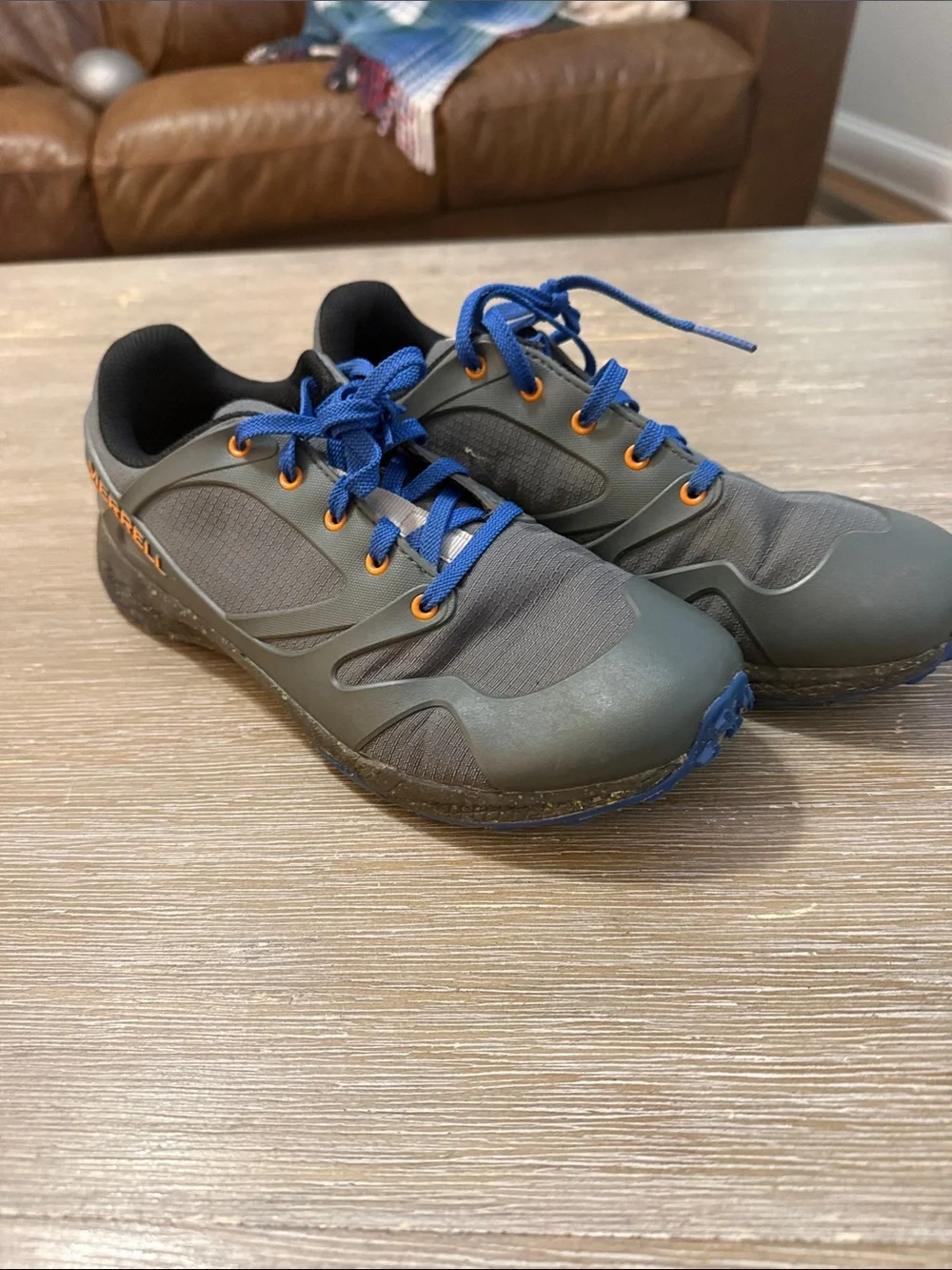 Merrell Men's Gray and Blue Trail Sneaker with Orange Accents